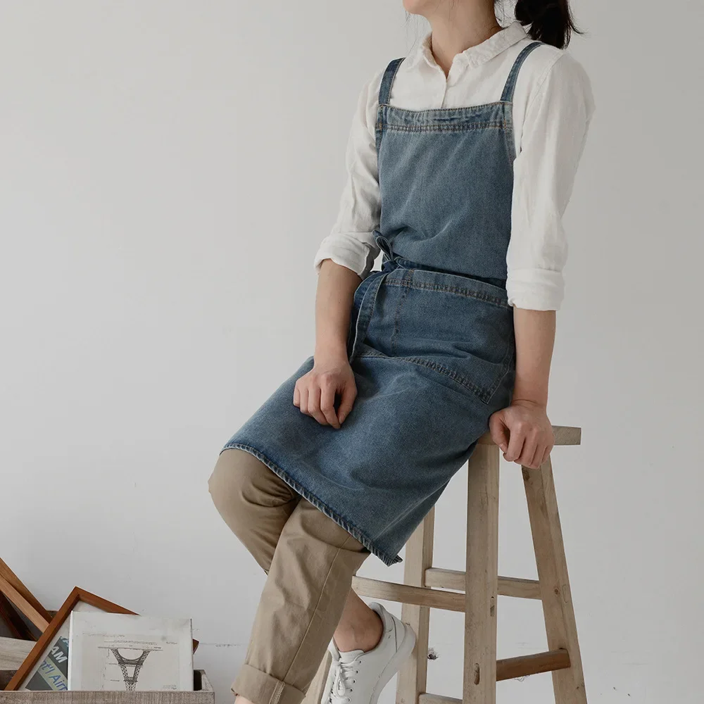 100% Cotton Denim Apron Thicken Canvas Anti Fouling Home Kitchen Restaurant Korean Pinafore Flower Coffee Store Waist