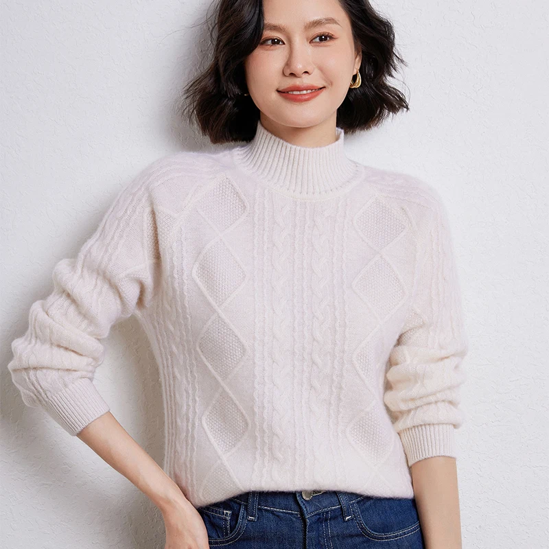 Autumn And Winter New Thick 100% Wool Sweater Women\'s Sweater Semi-High Collar Long Sleeve Pullover Casual Bottoming Shirt Top.