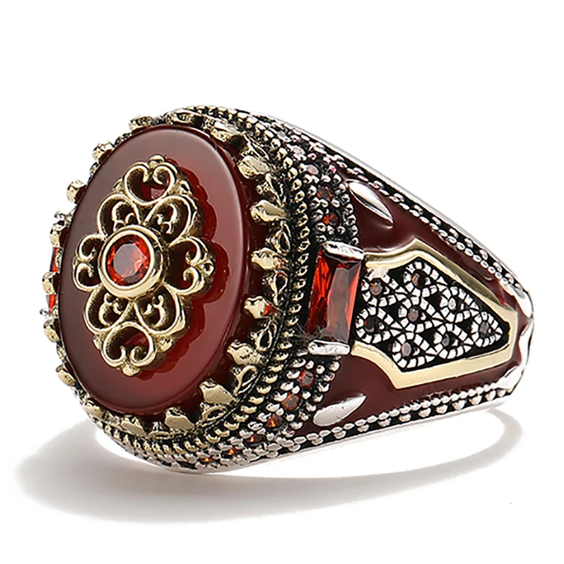 Retro Handmade Islamic Men Ring Vintage Turkish Double Swords Black Red CZ Stone Ring Punk 2023 Trendy Religious Muslim Jewelry