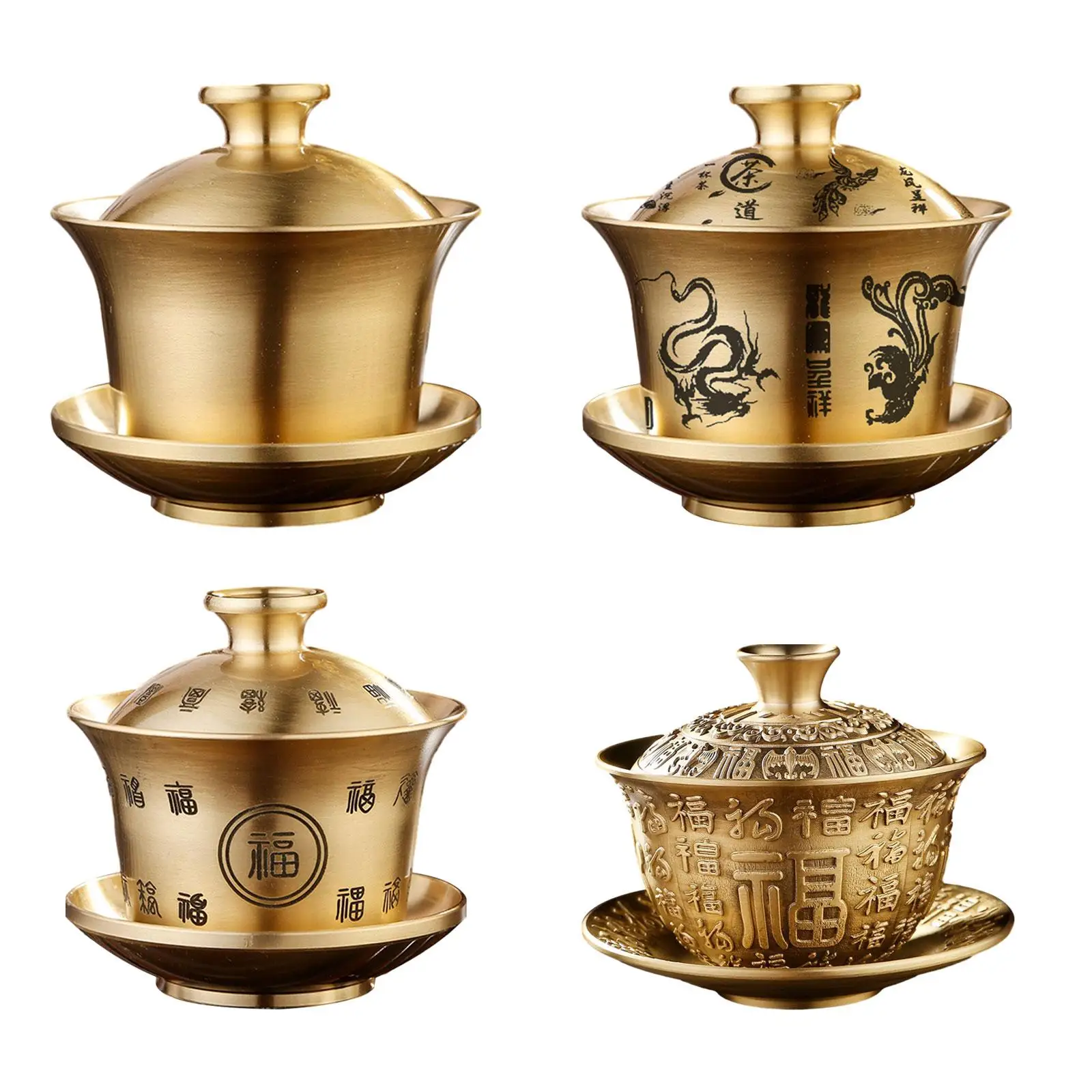 

Kung Fu Tea Cup and Saucer Teacup New Year Gift Decorative Chinese Gaiwan Tea Set Brass for Office Home Kitchen Travel