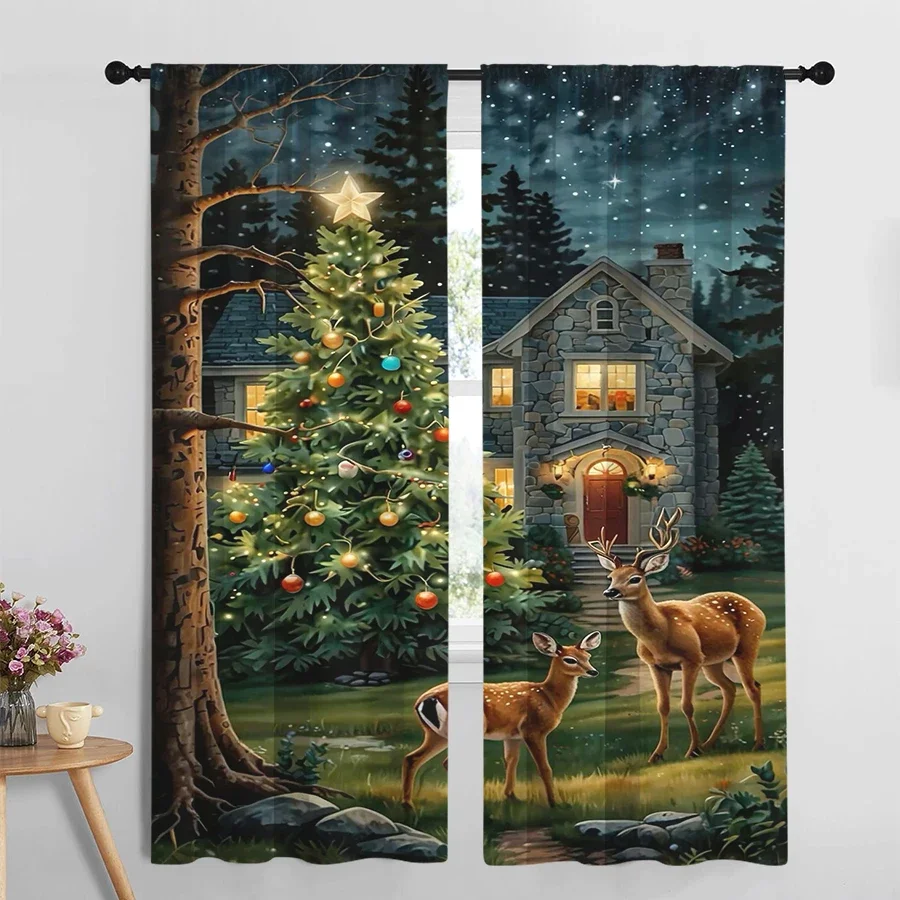 Cozy Christmas Night Forest Scene Curtain with Glowing Tree and Deer Woodland Holiday Decor Window Curtain