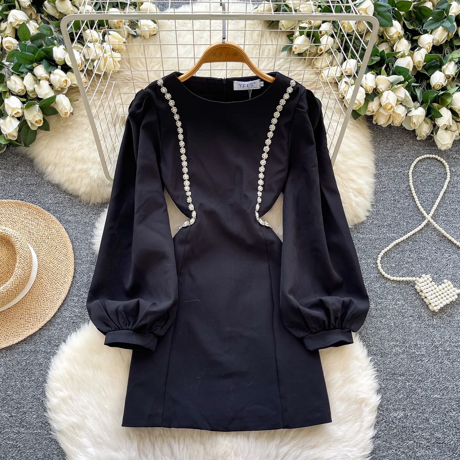 

Chic vintage long sleeve rhinestone korean fashion fairycore office lady autumn women clothing mini dress
