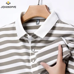 2024 Men's New Striped Cotton Business Casual Short sleeved POLO Shirt Fashion Short sleeved Comfortable and Breathable Top