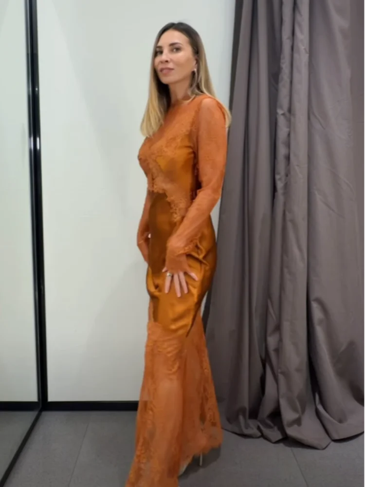 Rückenfreies Spitzen-Satin-Maxikleid für Damen, Elegantes Rundhals-Langarmkleid mit Ausschnitten, Abendkleid für Hochzeitsgäste – Detail 8