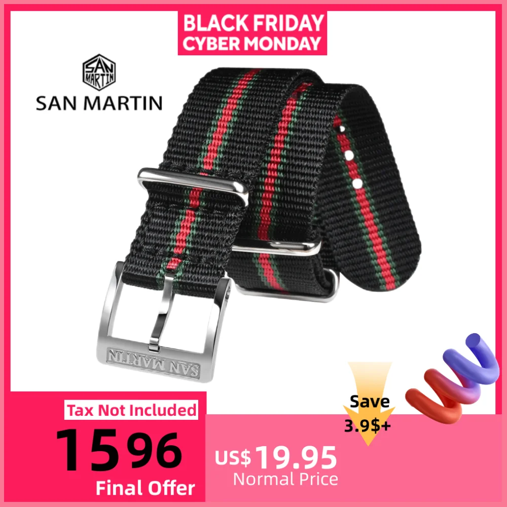 

San Martin 20mm Striped Pattern Nylon Replacement Watch Strap Logo Pin Buckle Watchband Fashion Correa Reloj BD0015