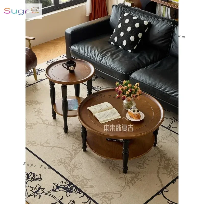 

solid wood coffee table small apartment living room sofa side round low table medium antique light luxury high-end