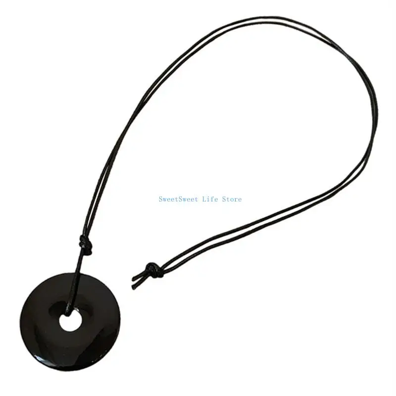 

D5QB Stylish Natural Aventurine Buckle Pendant on Leather Rope Necklace Unisex Fashion Jewelry Accessory for Trendy Women