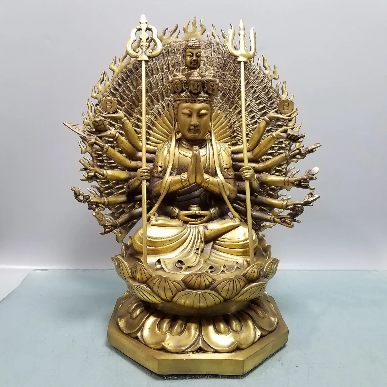 13”Tibetan Temple Collection Old Bronze 1000 arm Guanyin Cundhi Bodhisattva Backlight Sitting Buddha Worship Hall Town house