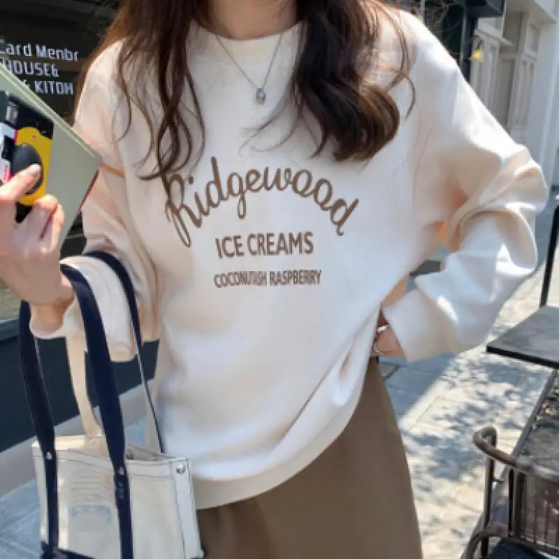 

American Style Harajuku Style Long Sleeve Fleece Lined Sweatshirt Women Early Spring Fashion Loose Versatile Minimalist Hoodie