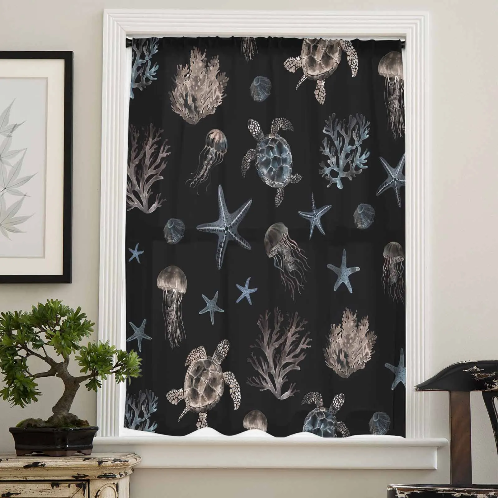 Marine Creatures Turtles Starfish Corals Jellyfish Sheer Curtain Living Room Drapes Home Voile Curtain Tulle Window Curtain