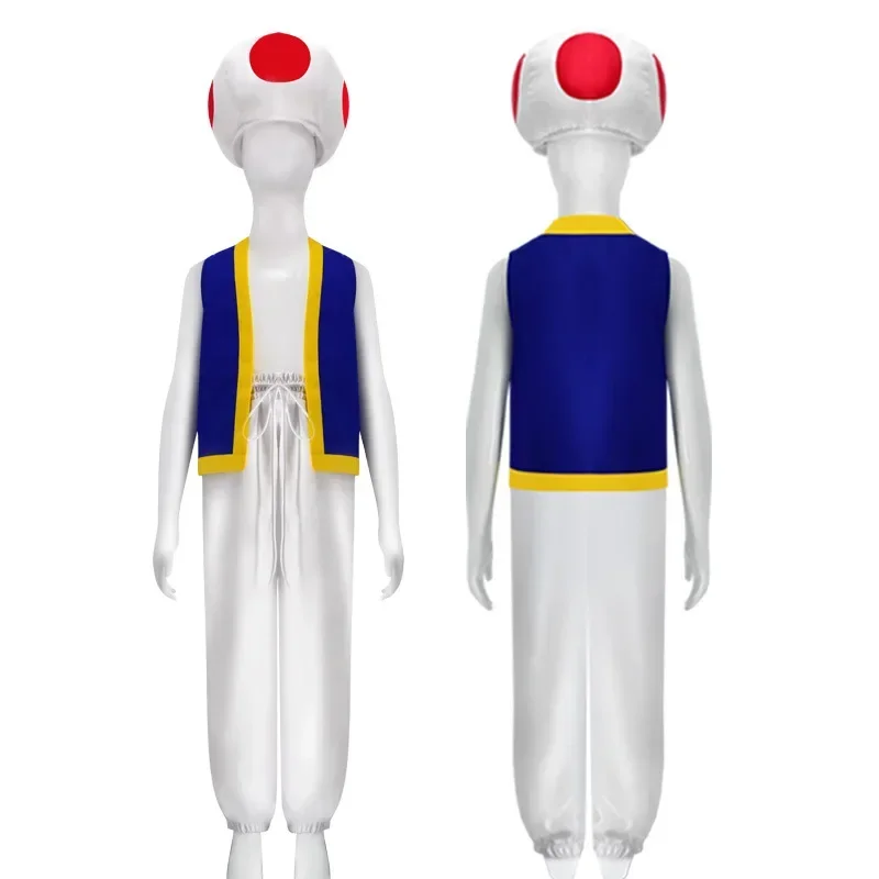 Halloween Cosplay Funghi rossi Personaggio anime Toad Fungo Cappello Costumi Gilet Pantaloni Bambini Ragazzi Abiti da festa Accessori Regalo