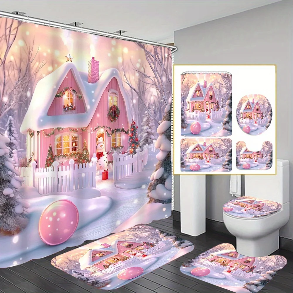 

4Pcs Xmas Pink Snowman Bath Set – Curtain, Mat, Toilet Cover, Rug, 12 Hooks, Farmhouse Bathroom Decor