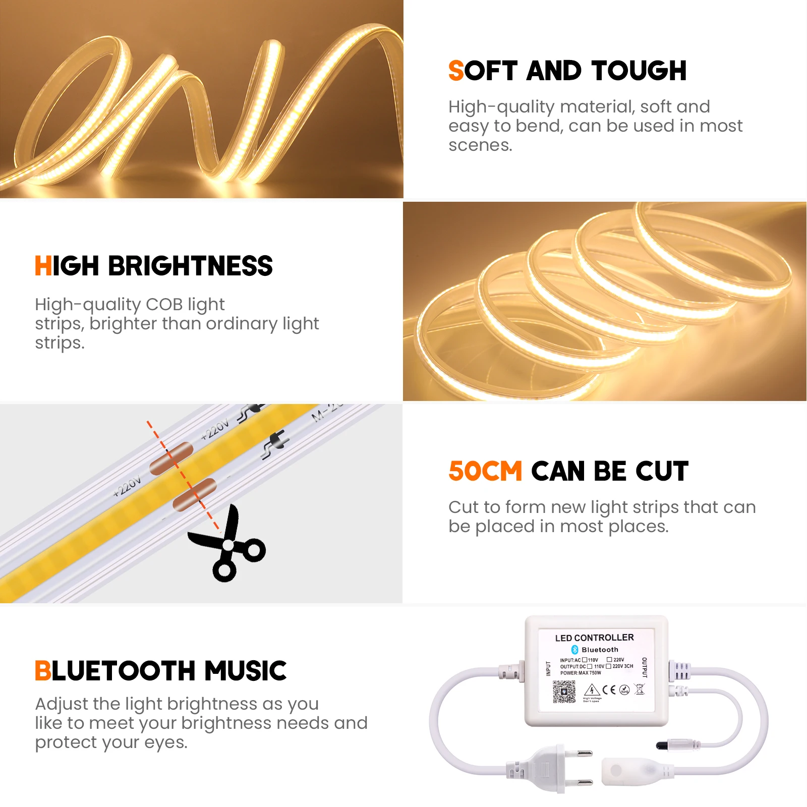 Dimmable COB LED Strip 220V 288Leds/m Bluetooth Remote Control Flexible Ribbon FOB LED Tape Warm Natural Cold White EU Plug Kit