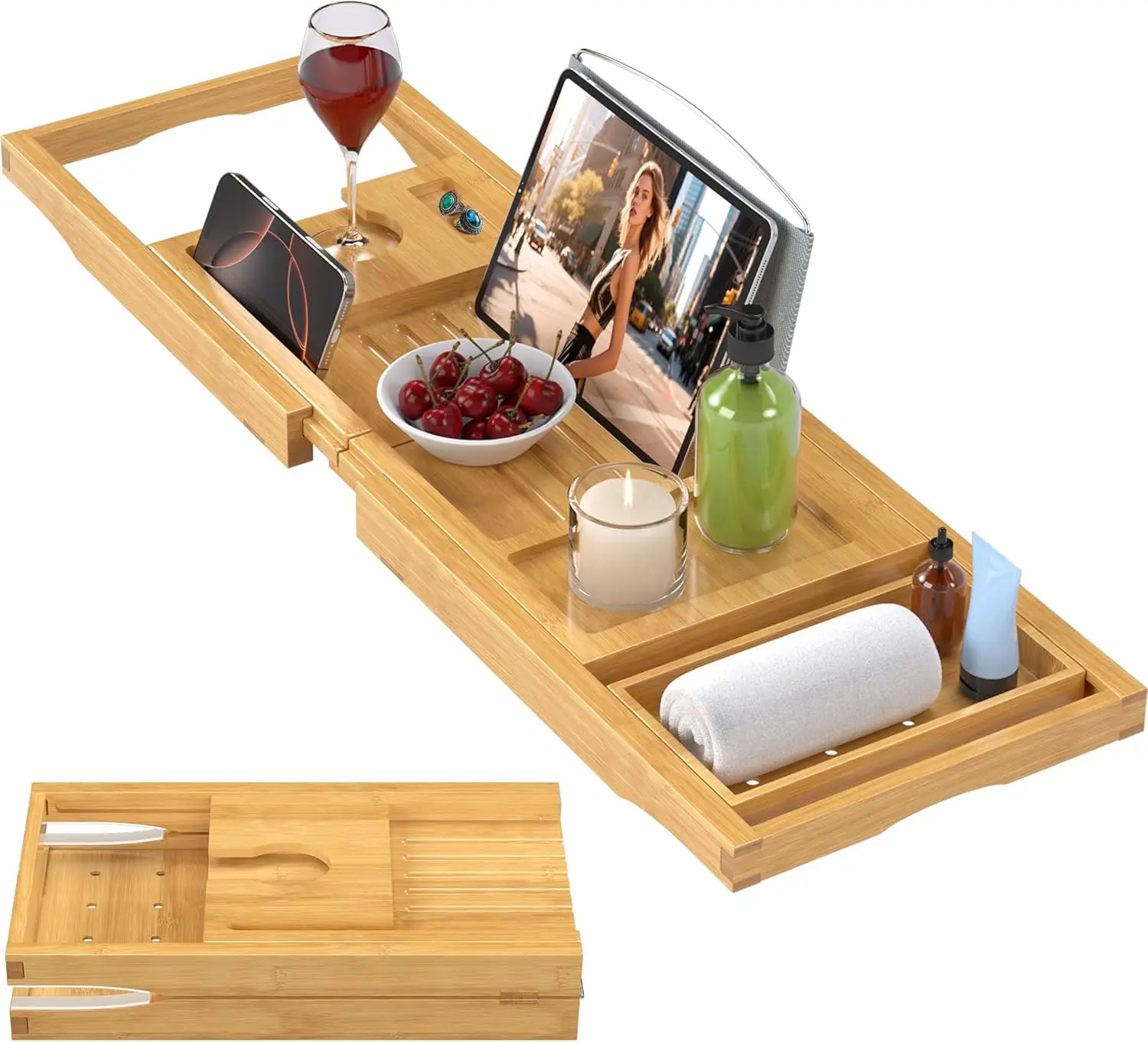 

Foldable bathtub caddy tray, bamboo expandable bathtub table tray, New Home premium bathroom accessory