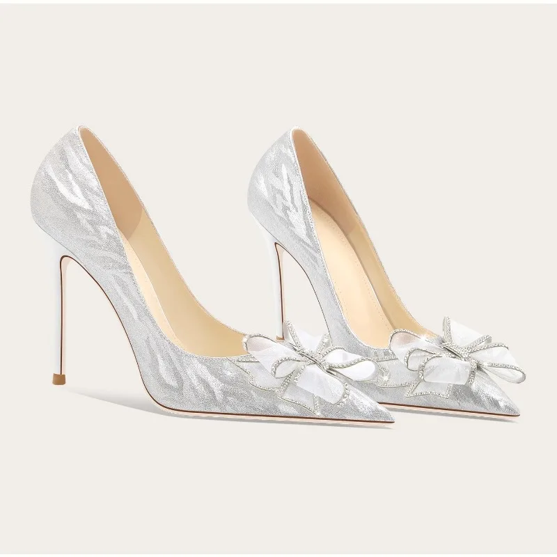 

Glamorous Silver Crystal Wedding Shoes High Heels Rhinestone Bow French Bridal Pumps for Women