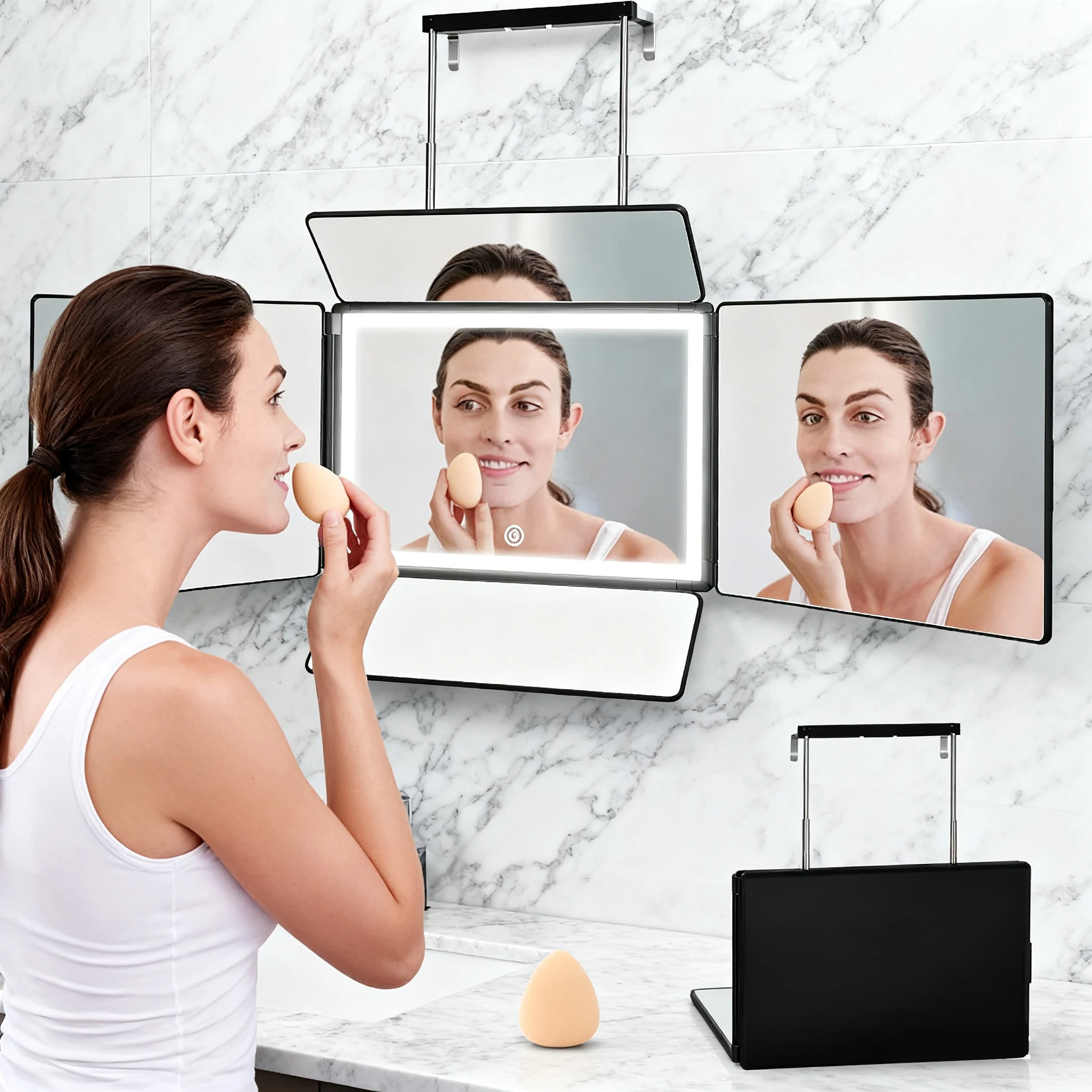 5 caras 360 °   Espejo para cortar y peinar el cabello, antivaho, recargable por USB, altura ajustable, vidrio HD