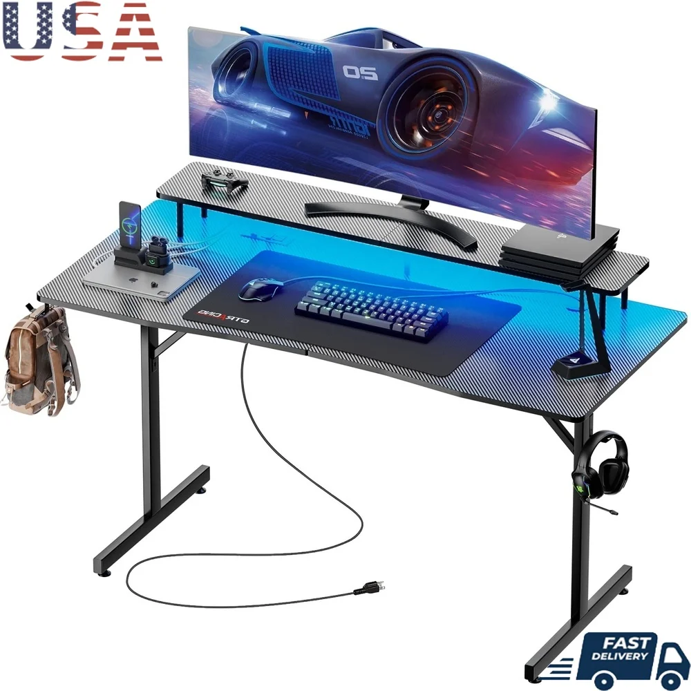 

55 Inch Gaming Desk Ergonomic Computer Desk with RGB Lighting Power Outlets Monitor Stand Carbon Fiber Surface Multi-Purpose