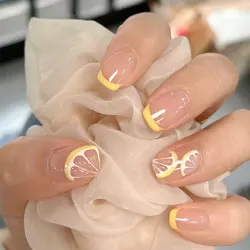 24Pcs/Set Refreshing Lemon Short Round Coffin False Nails Girls Nail Art Decoration Full Cover Artificial Fake Nails Removable