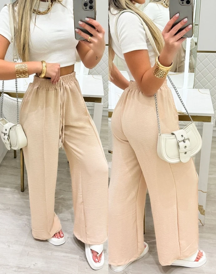 

Women's High Waist Drawstring Wide Leg Pants Daily Clothing Temperament Commuting Female Plain Tied Detail Casual Trousers