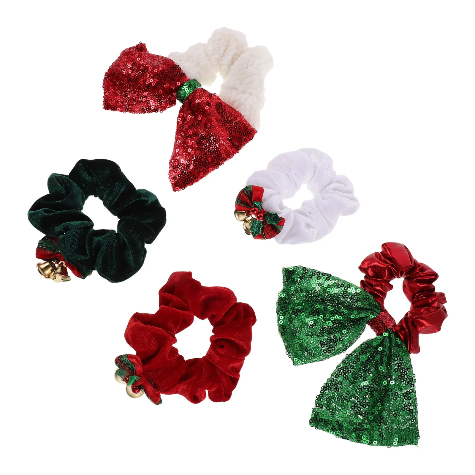 

5Pcs Christmas Hair Ties Holiday Hair Bands Sequins Bells Bow Xmas Elastic Ponytail Holders Girls Xmas Party Styling