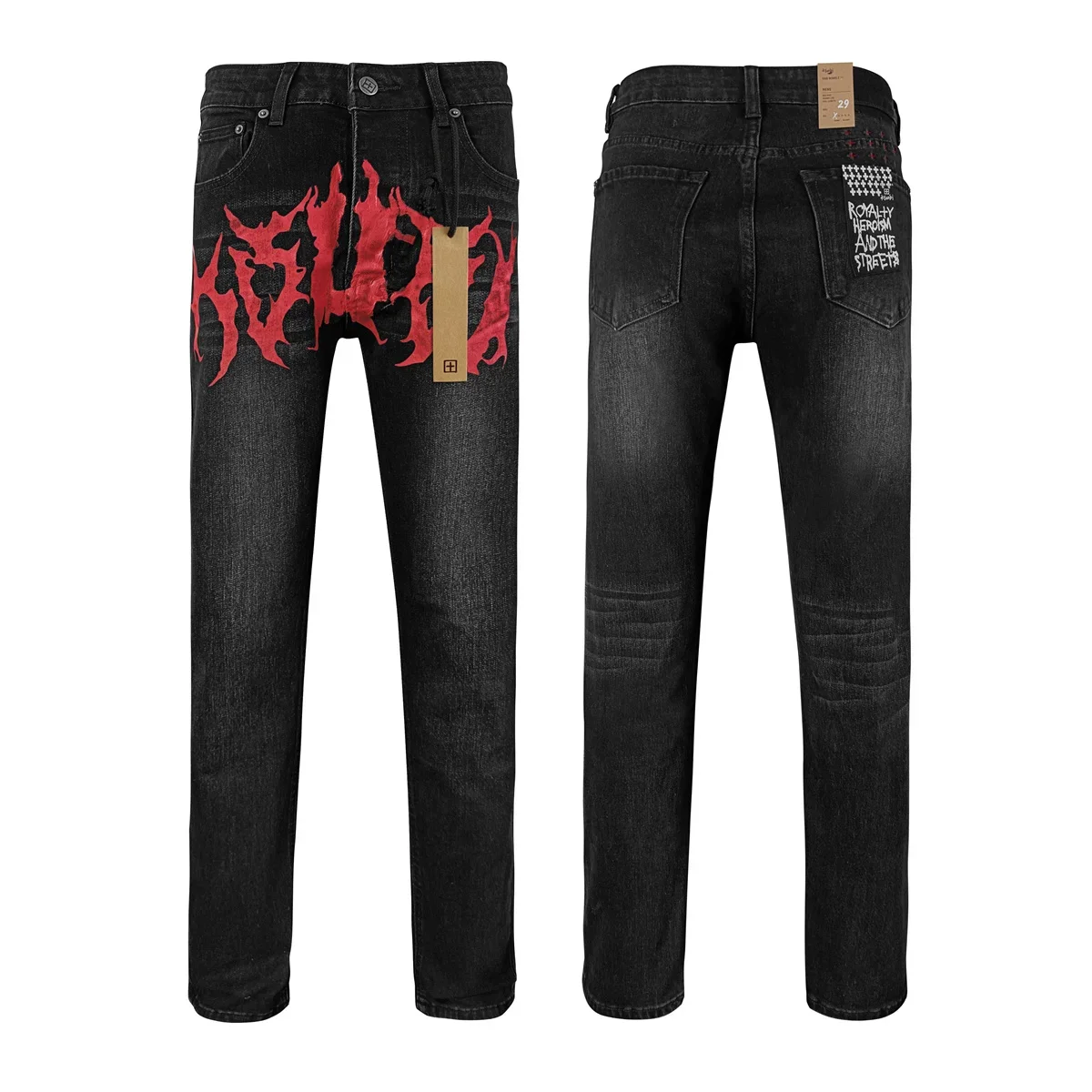 New KSUBI Cross Jeans Men High Street Retro wash black Letter print Trend Daily Casual Low Rise Stretch Skinny Jeans Brand Pants