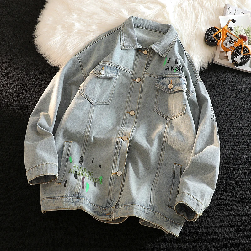 

Мужская джинсовая куртка свободного кроя в уличном стиле с ретро-вышивкой и эффектом брызг краски, модная весенне-осенняя брендовая рабочая куртка