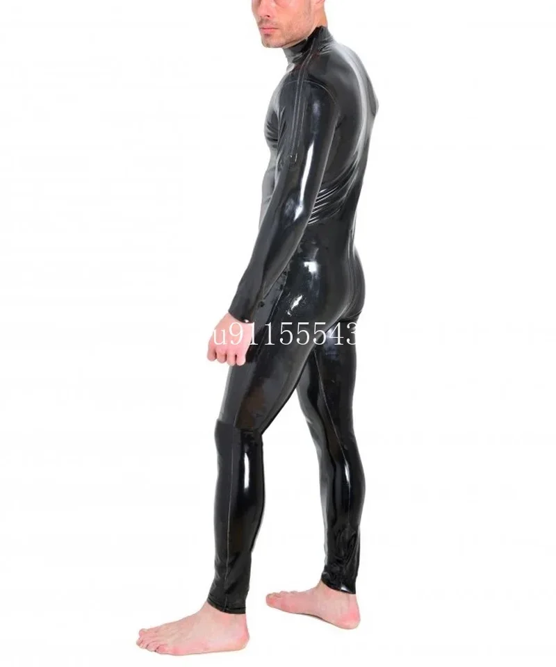 Handmade Double Shoulders Zipper Men's Full body Design Sexy Latex Tight Jumpsuit Rubber Catsuit Clothing with Crotch Zip