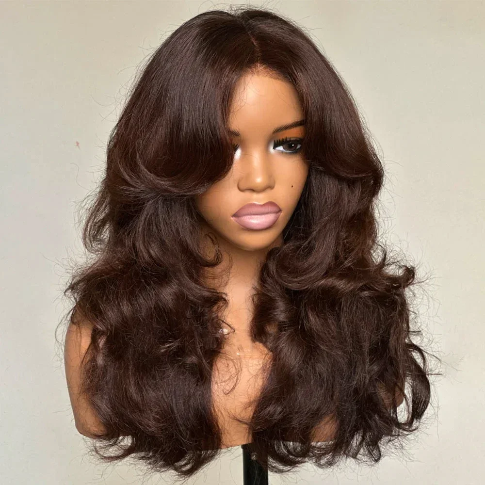 

Soft 26Inch Long Synthetic 180%Density Brown Body Wave Lace Front Wig Preplucked Glueless Wig For Women Baby Hair Daily