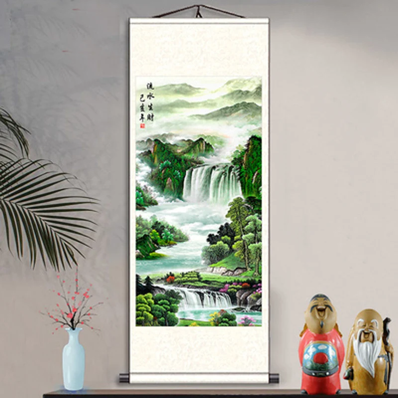 Asian Landscape Mountain Waterfall Painting, Wall Art, Hanging Painting, Scroll, Living Room, Feng Shui Decoration