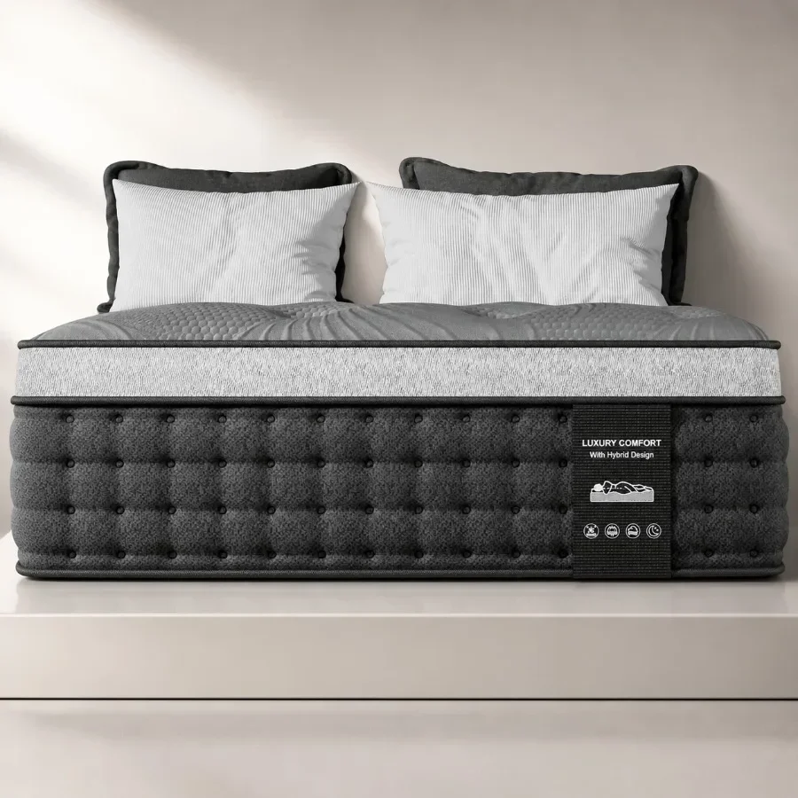 Queen mattress for bedroom use, hybrid cooling gel-infused memory foam and pocket coils, gray color, 14-inch thickness with med
