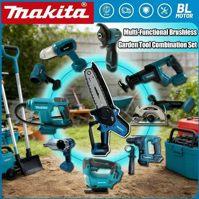 

Набор инструментов Makita: бесщеточная шлифовальная машина, пистолет для герметика, цепная пила, компрессор, силиконовый пистолет, машина для резки, для аккумуляторов Makita