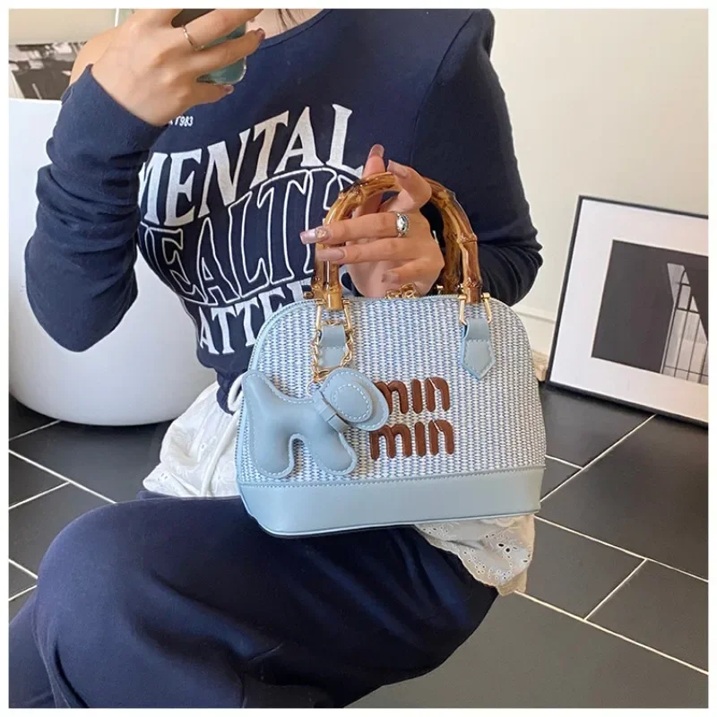 

2025 Shell Knit Bamboo Bag - Boho Beach Tote with Colorblock Design, Adjustable Shoulder Strap & Woven Texture