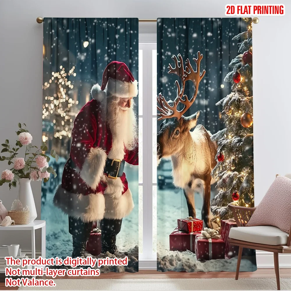 2pcs,2D plane printing Light Filtering Curtains Santa Claus and the Reindeer2 (2) 100% Polyester (without rod) All Seasons Use