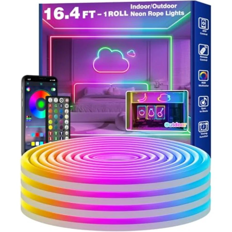 

LED Neon Rope Lights Waterproof with Smart App Control Remote, DIY Scene Modes, Music Sync hronization, Eaves Lights for Garden