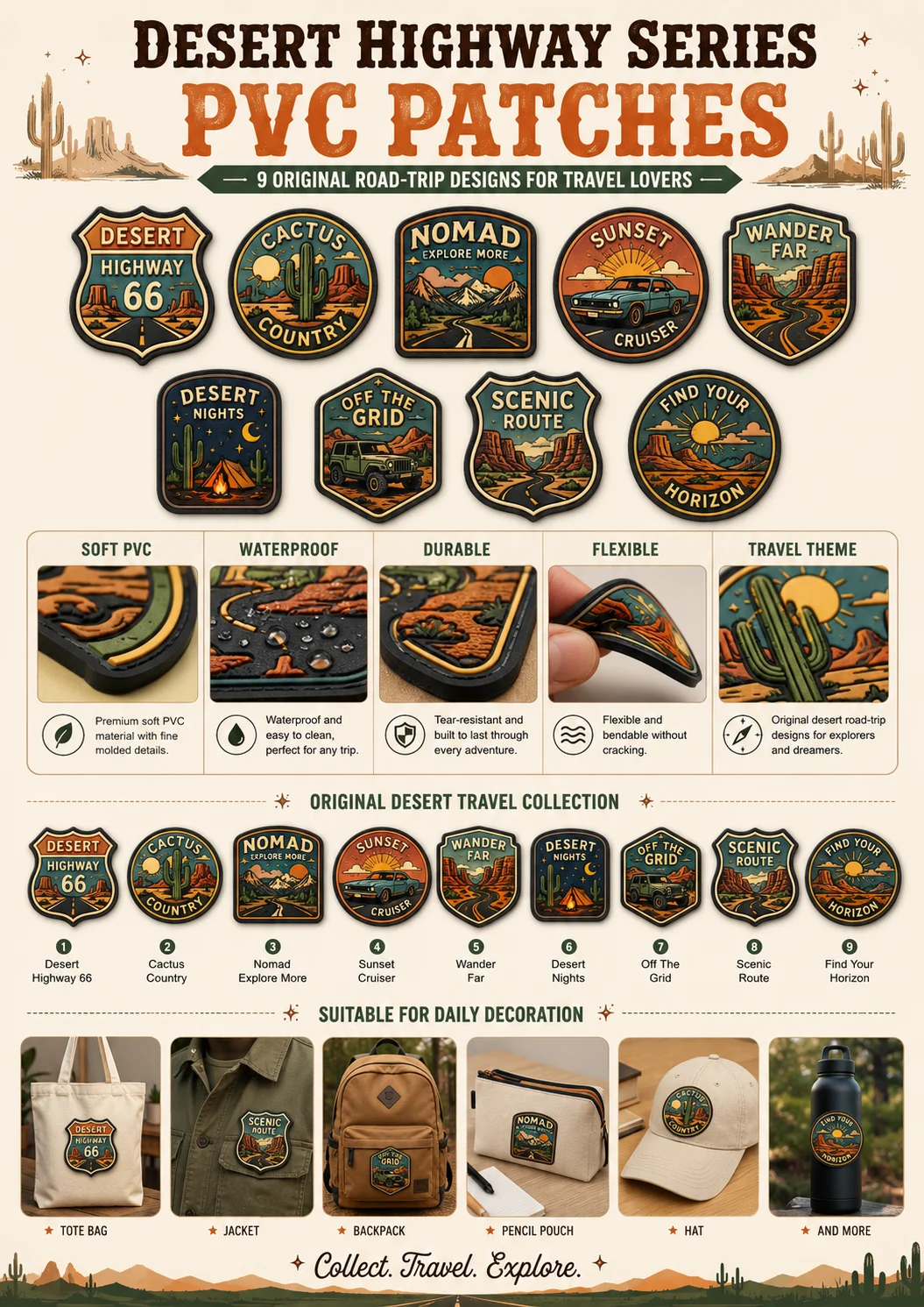 Custom Desert Highway PVC Patches Road Trip Cactus Motel Scenic Route Soft Rubber Hook and Loop for Bags Jackets Travel Gear