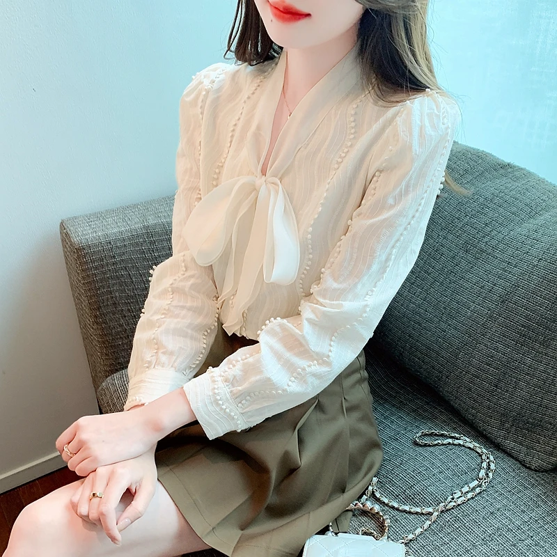 Neckline Lace-up Long Sleeve Chiffon Blouse Women's Autumn Blusa Clothing New Women's Korean Style Fashion Shirt