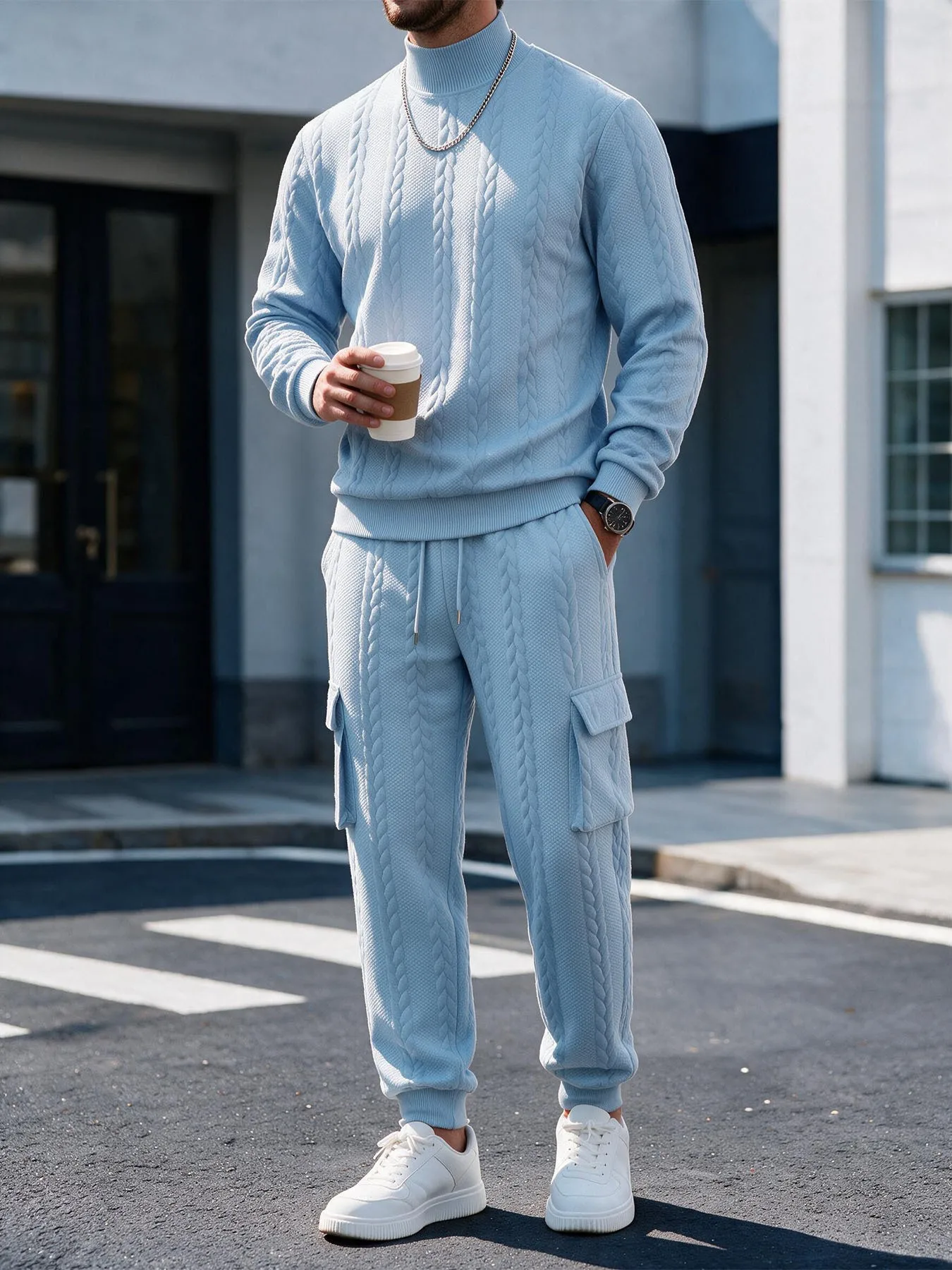 Men Solid Color Heavy Duty Simple Basic Casual Daily Loose 2 Pieces Sets Winter New Fashion Male Pullover Trousers Top Clothes - view 5