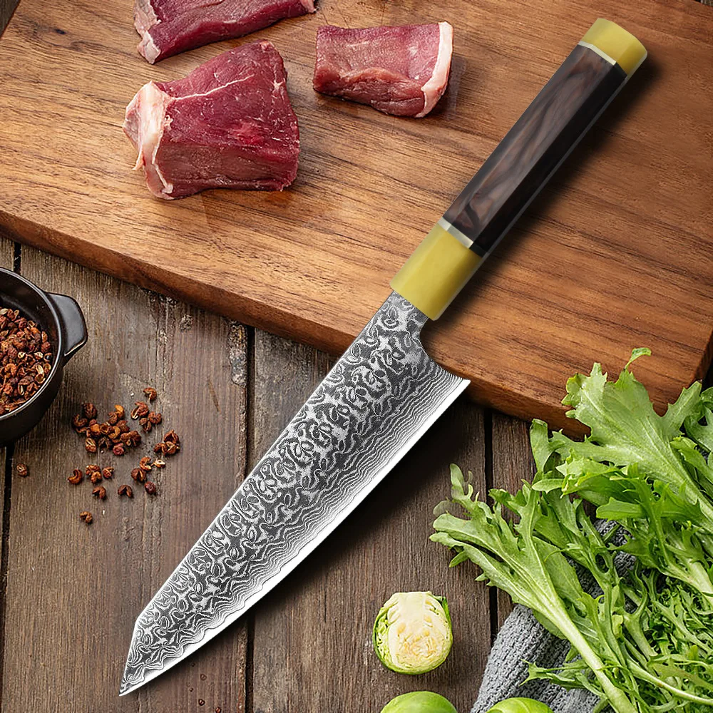 

8 Inch Kiritsuke Knife Resin Handle 67 Layers Damascus Steel Blade Chef Slicing Cleaver Kitchen Knife Cutting Vegetables Meat