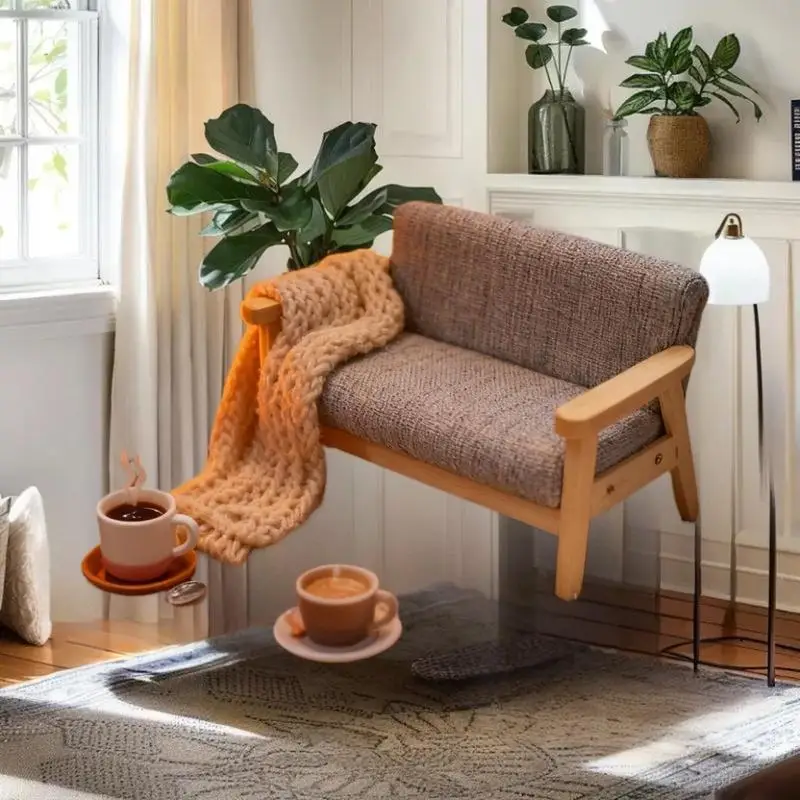 1 stuks miniatuur woonkamer dubbele stoel 1:12 poppenhuismeubilair, houten fantasiespelset voor kinderen