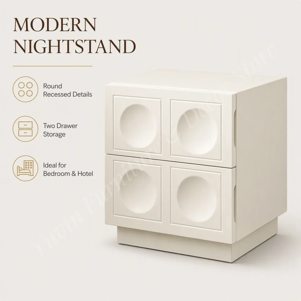 Luxury Cream Nightstand with Round Details 2 Drawers for Bedroom Living Room Home Office Hotel Apartment Bedside Table
