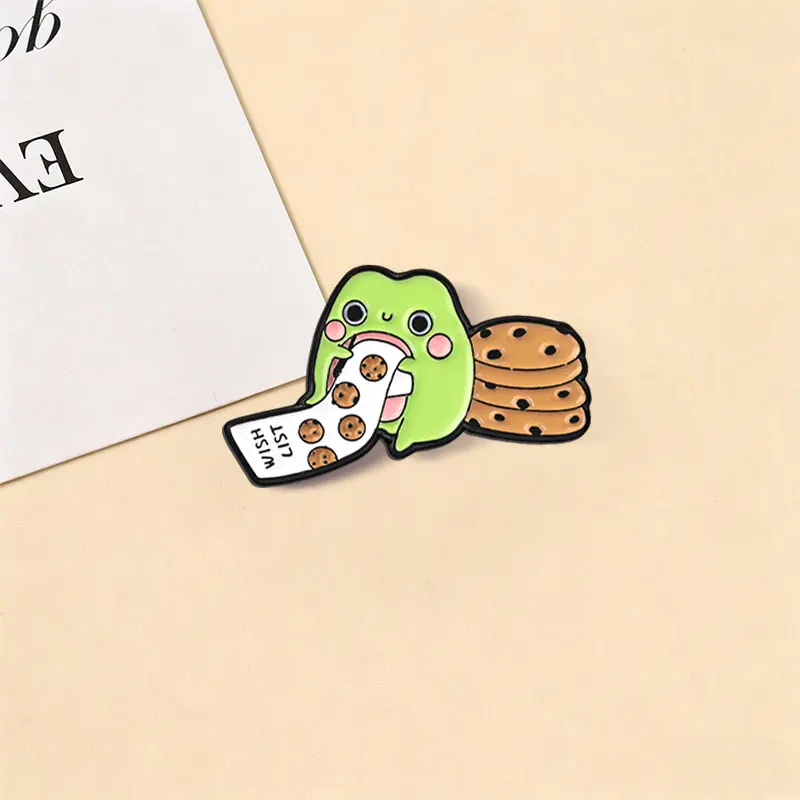 Niedlicher Cartoon-Frosch, der einen Keks isst, Wunschliste-Emaille-Abzeichen, Kawaii Foodie Cartoon-Pin, Schmuckzubehör, Geschenke für Freunde – Detail 5