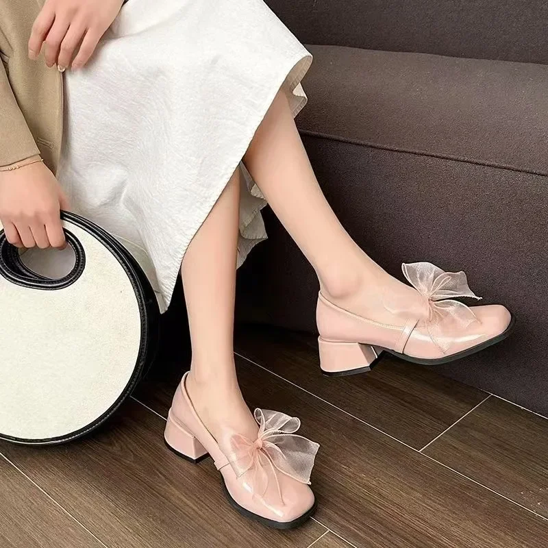 

Pink Bow Mary Jane Shoes Women's High-heeled Shoes Spring Autumn Wear Square Head Shallow Sakura Pink Jk Uniform Platform Shpes