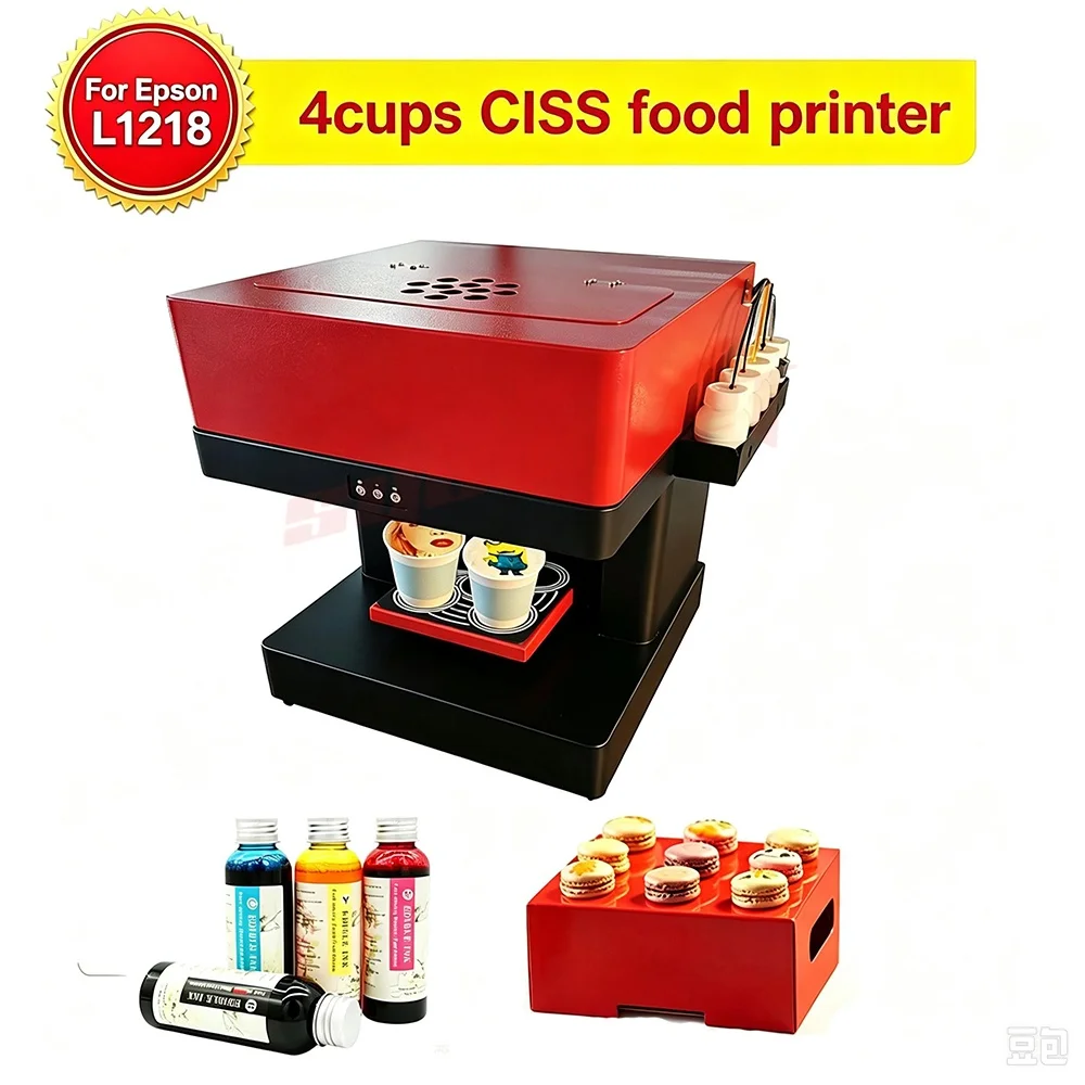 CISS 4 Cups Latte Art Coffee Printer for Epson L1218 Food Grade Edible Inkjet Printer for Macaron Cake Candy Beans Dessert