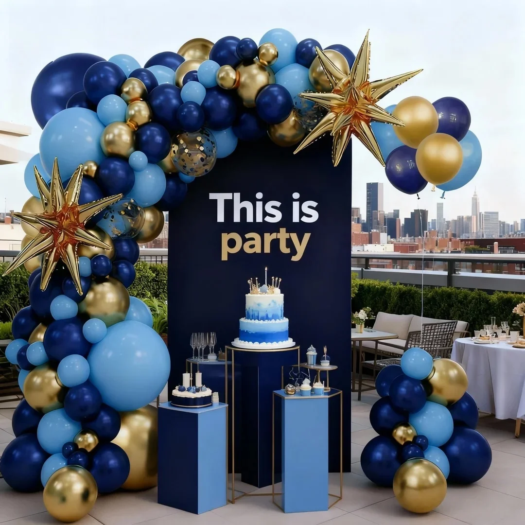 Juego de 117 cadenas de globos metálicos de color azul nocturno, globos de aluminio de estrella explosiva dorada de 22 pulgadas para fiestas de cumpleaños, celebraciones de empresa, despedida de soltera, celebraciones de aniversario, ceremonias de graduación, fiestas de jubilación, decoraciones de globos para ceremonias de ceremonia