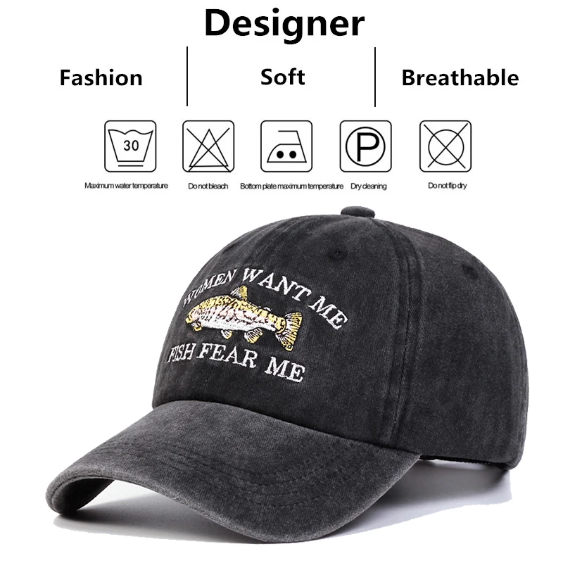 Unisex Fish Embroidery Wash Baseball Caps Spring and Autumn Outdoor Adjustable Casual Hats Sunscreen Hat