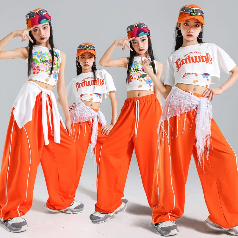

Girls K-pop Crop Top Hip Hop Candy Color Cargo Pants Clothes Children Street Dance Girl Group Stage Costumes Kids Streetwear