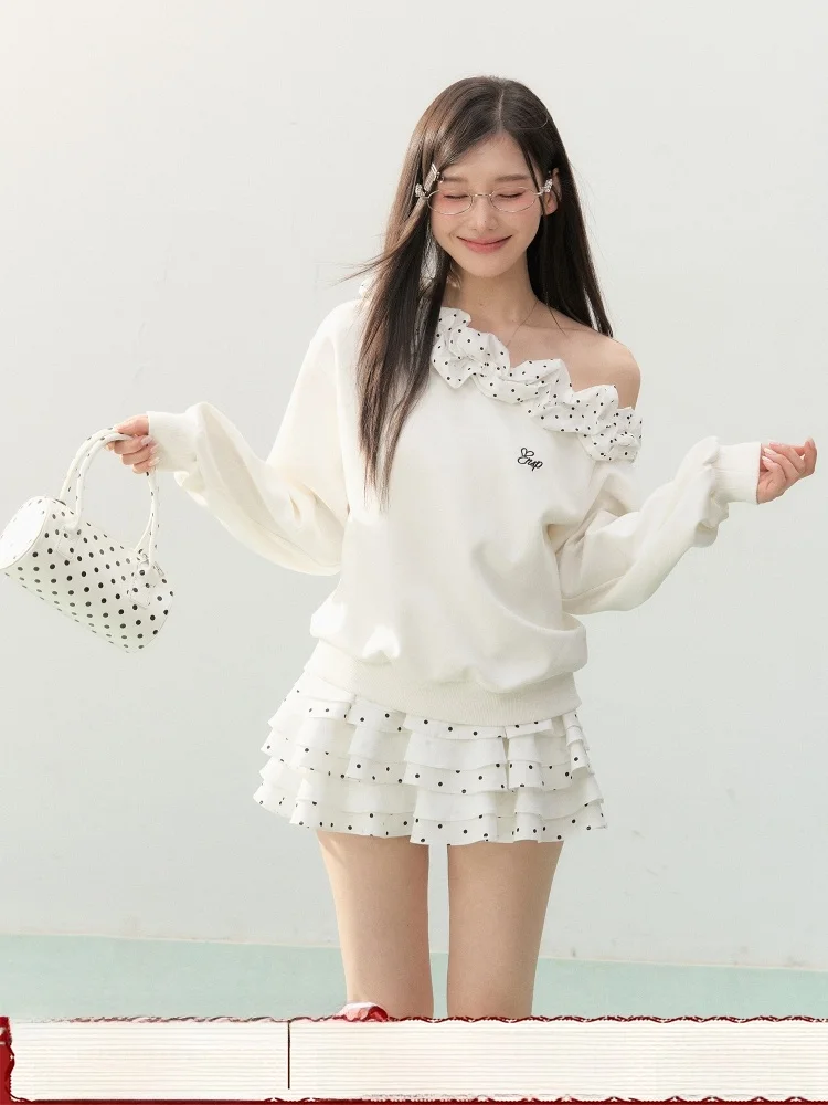 

Женская корейская футболка ELEVEN SP Spring White с открытыми плечами и длинными рукавами, в горошек, удобная, вязаная, с завышенной талией, женский топ