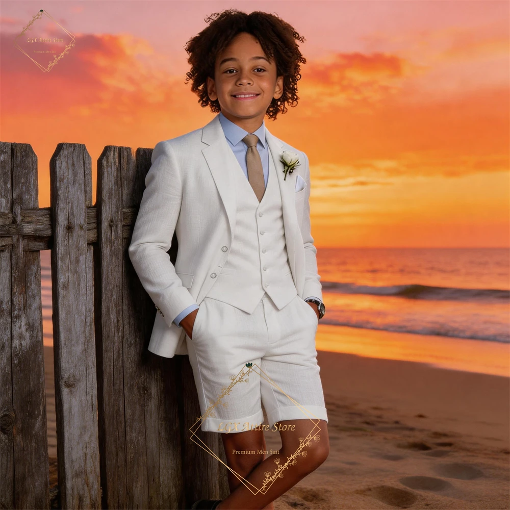 

Boys' Custom Premium 3-Piece Linen Suit, Gold Button Blazer, Waistcoat & Shorts for Recitals, Galas & Special Events