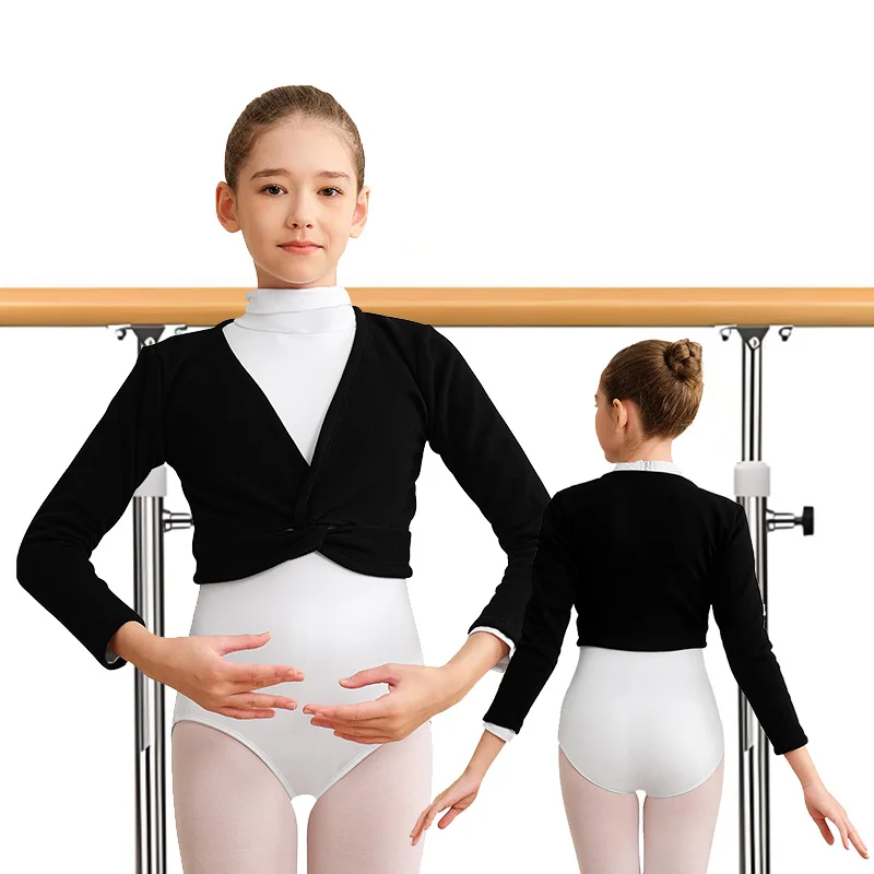 ﻿   Justaucorps de danse de Ballet à manches longues et col en v pour filles, Cardigan enveloppant de danse de gymnastique pour enfants, hauts avec pull de danse intérieure en velours