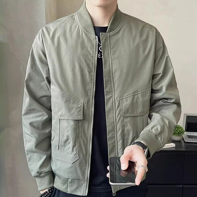 

Autumn Men's Bomber Jacket Solid Color Pocket Zipper Windbreaker Stand Collar Outdoor Hunting Tactical Casual Jacket Outerwear